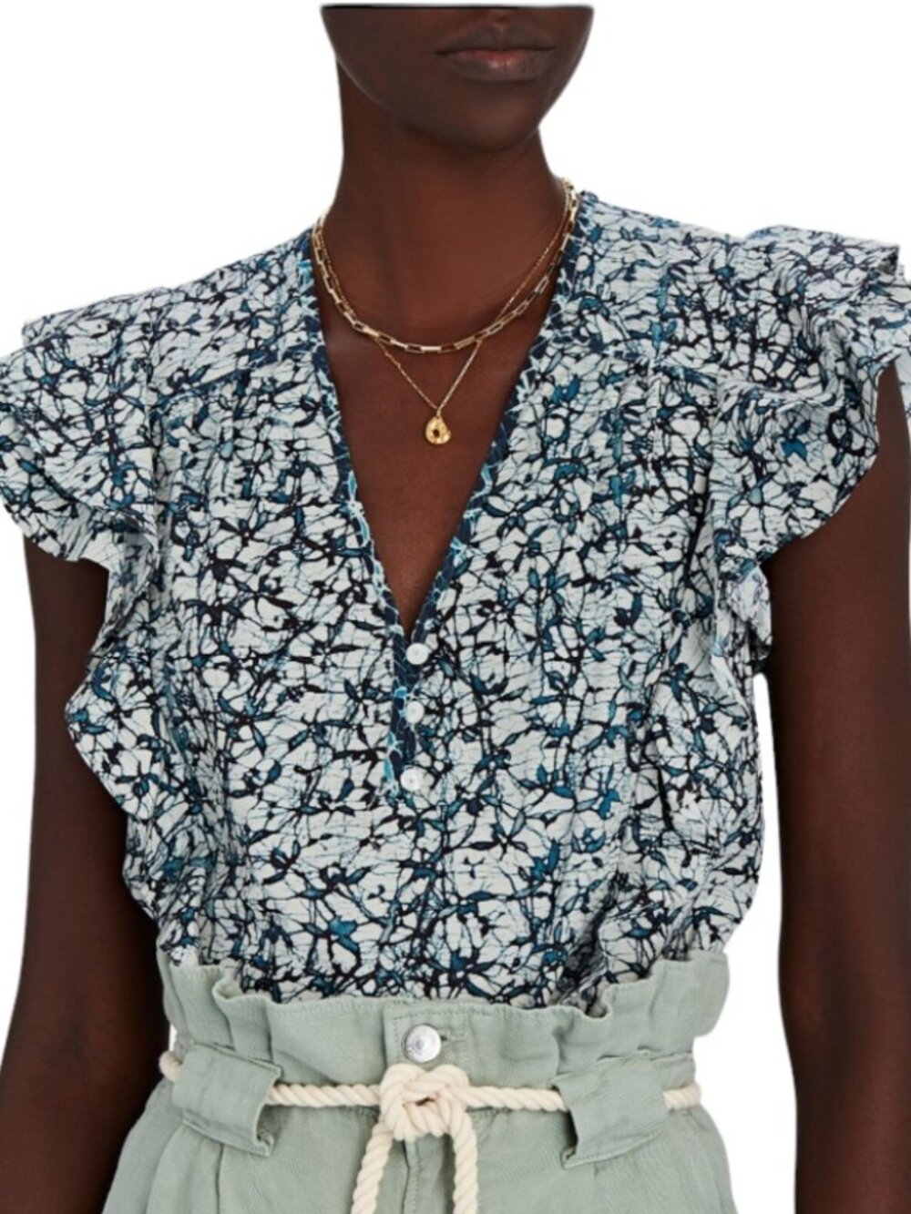 Veronica Beard Blue/Black Flutter Sleeve Top